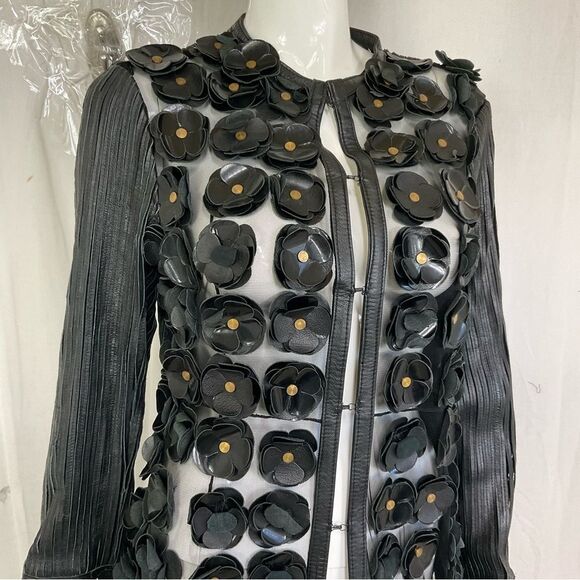 CABAN ROMANTIC Black 3D Flowers & Studs Laser Cut Leather Jacket S - Picture 3 of 11